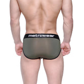 Olive green sheer mesh briefs with black elastic waistband and metrcwear branding from metro malewear max bulge brief 1503-26
