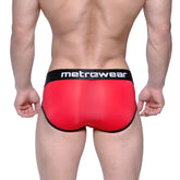 Red metrowear max bulge briefs featuring black trim and waistband designed for comfort and support
