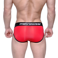 Red metrowear max bulge briefs featuring black trim and waistband designed for comfort and support