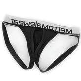 Black mens briefs with white waistband featuring meltom logo in black from metro malewear max bulge jock strap black 1511-20