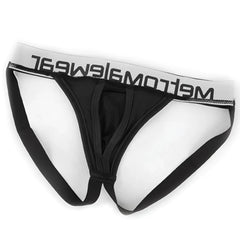 Black mens briefs with white waistband featuring meltom logo in black from metro malewear max bulge jock strap black 1511-20