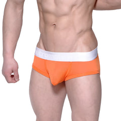 Bright orange MetroMaleWear Max Contour athletic briefs with white elastic waistband branded makromat