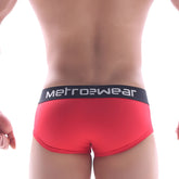 Red metrowear max contour briefs with black waistband and white lettering designed for comfortable daily wear