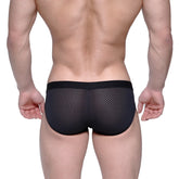 MetroMaleWear Max hip brief in black mesh with solid black waistband showing the front view