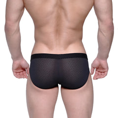 MetroMaleWear Max hip brief in black mesh with solid black waistband showing the front view