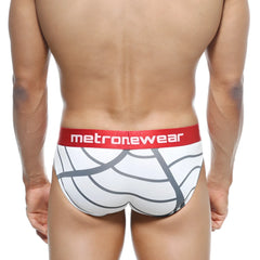 Men’s white and gray patterned briefs with red metronewear waistband metroMalewear max hip brief web 3003-40