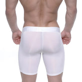 MetroMaleWear Max Long Boxer white men’s sheer mesh boxer briefs with solid white waistband front view