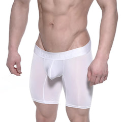 White sheer mesh men’s boxer briefs with a reinforced elastic waistband featuring embossed branding metroMalewear Max Long 2035-00