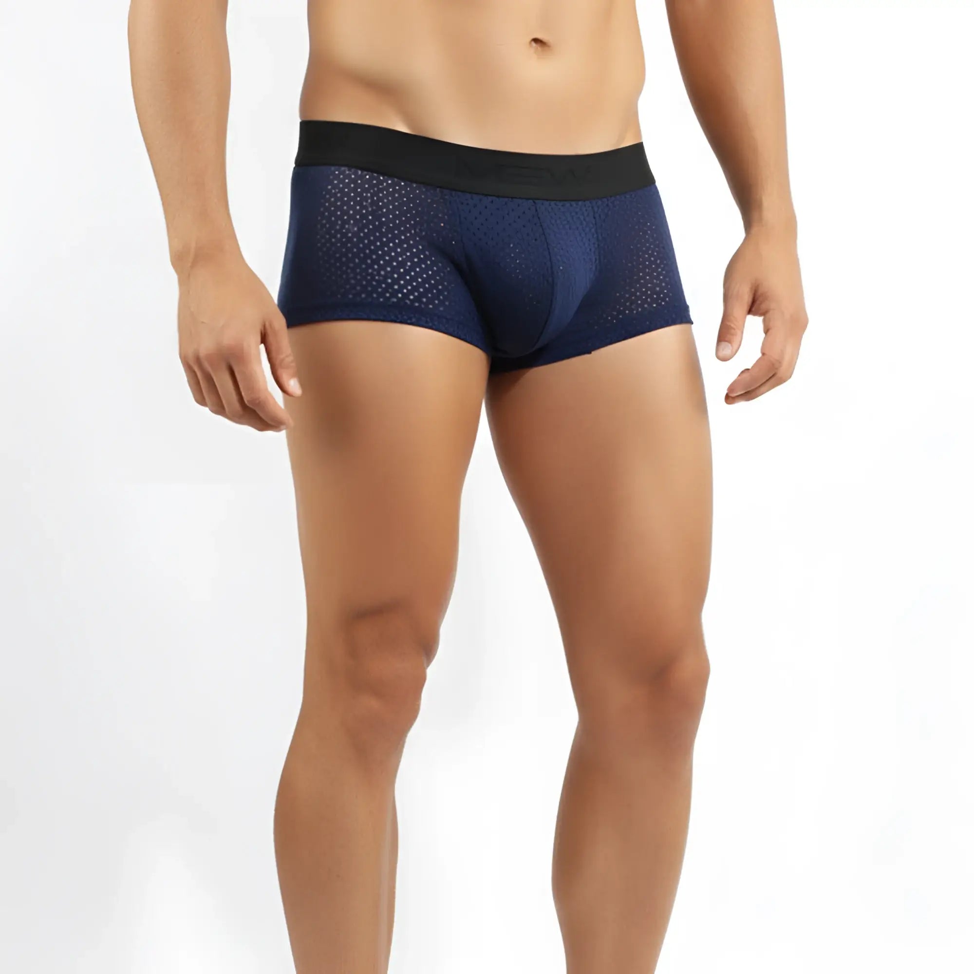 Navy blue mesh briefs with black elastic waistband from metromalewear max mesh boxer 3013-76 collection
