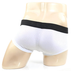 White mesh MetroMaleWear MAX boxer briefs with black elastic waistband featuring mevy brand logo
