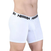 White mens boxer briefs with a black million logo band metroMalewear max mid cut boxer brief white 8023-01