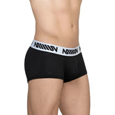 MetroMaleWear Max short boxer black mesh briefs with white elastic waistband and black stylized lettering