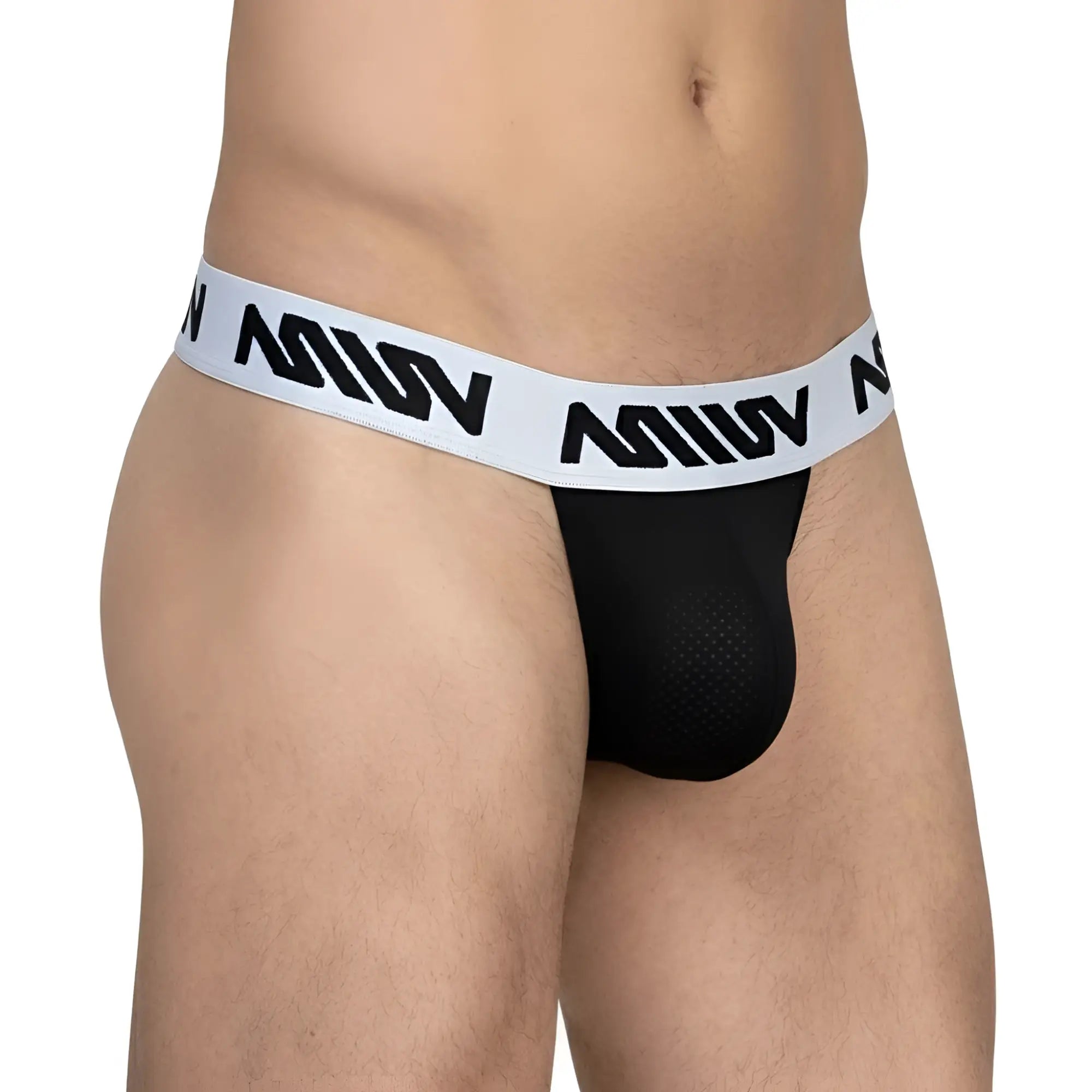 MetroMaleWear max thong black with white elastic waistband featuring bold black lettering and mesh front panel