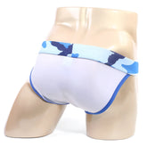 MetroMaleWear Maxim bikini briefs feature blue and white camouflage pattern with solid white body and blue trim
