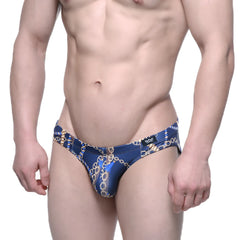 MetroMaleWear Mayor Bikini 5103-M74 blue swim trunks with gold chain pattern and black logo on waistband front side