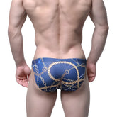 Blue swim trunks from metromalewear mayor classic swim bikini 4937-71 featuring gold chain and rope pattern