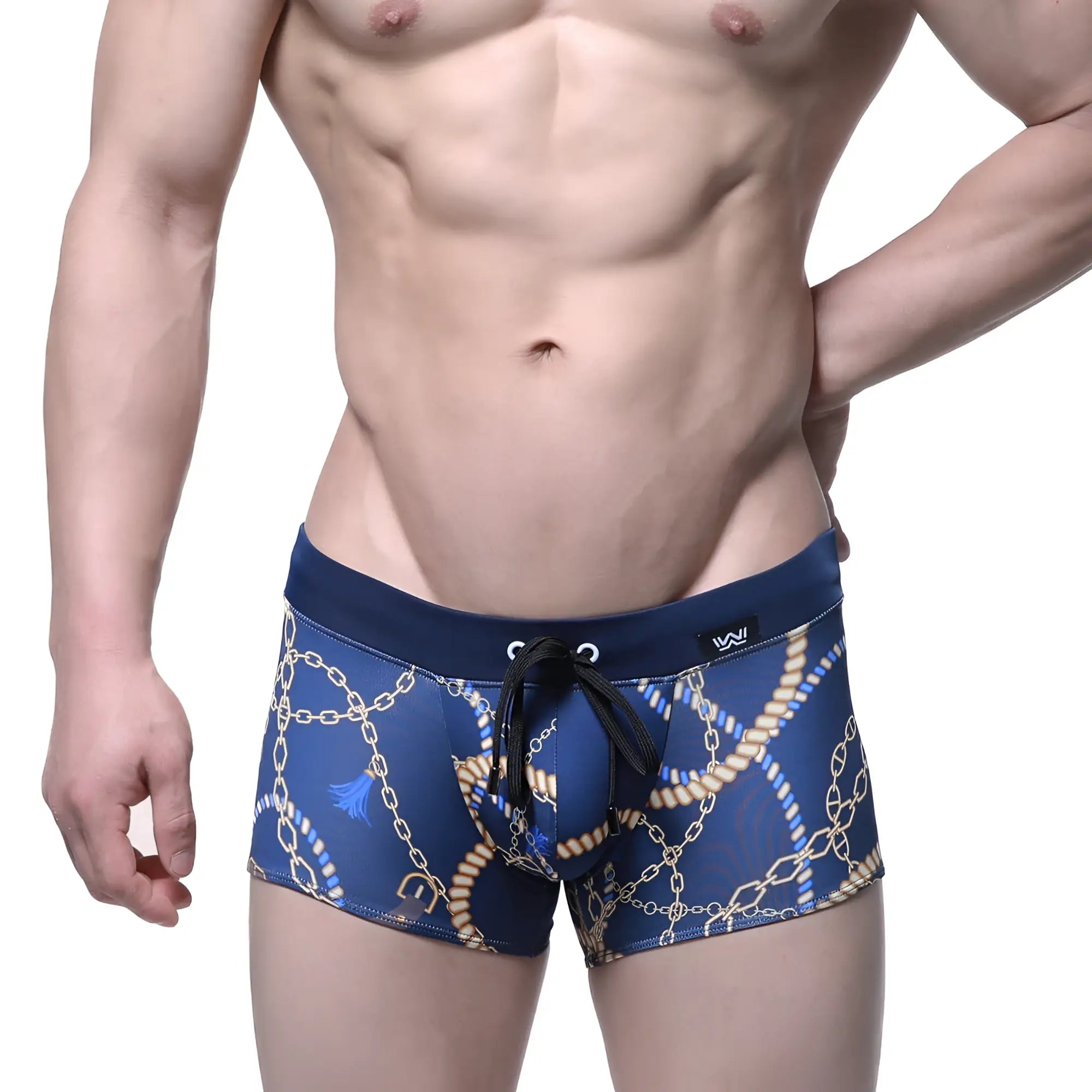 Navy blue metro malewear mayor swim boxer briefs 4986-71 with nautical chain and rope pattern and black drawstrings