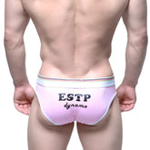 Pink estp dynamo metro malewear mbti hip briefs with white waistband, multicolored stripes, and black lettering
