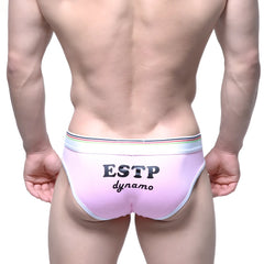 Pink estp dynamo metro malewear mbti hip briefs with white waistband, multicolored stripes, and black lettering