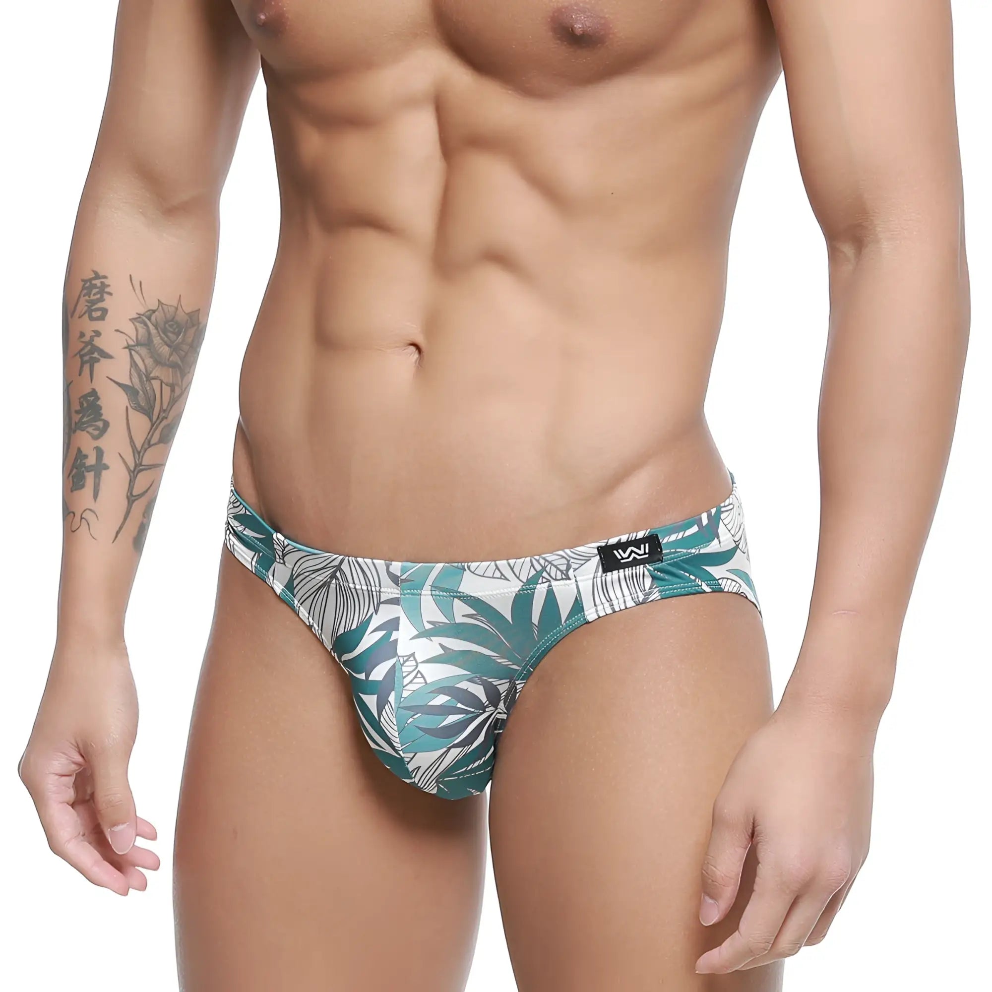 MetroMaleWear meadow bikini 5103-56 men’s briefs with white and teal tropical leaf pattern in breathable fabric