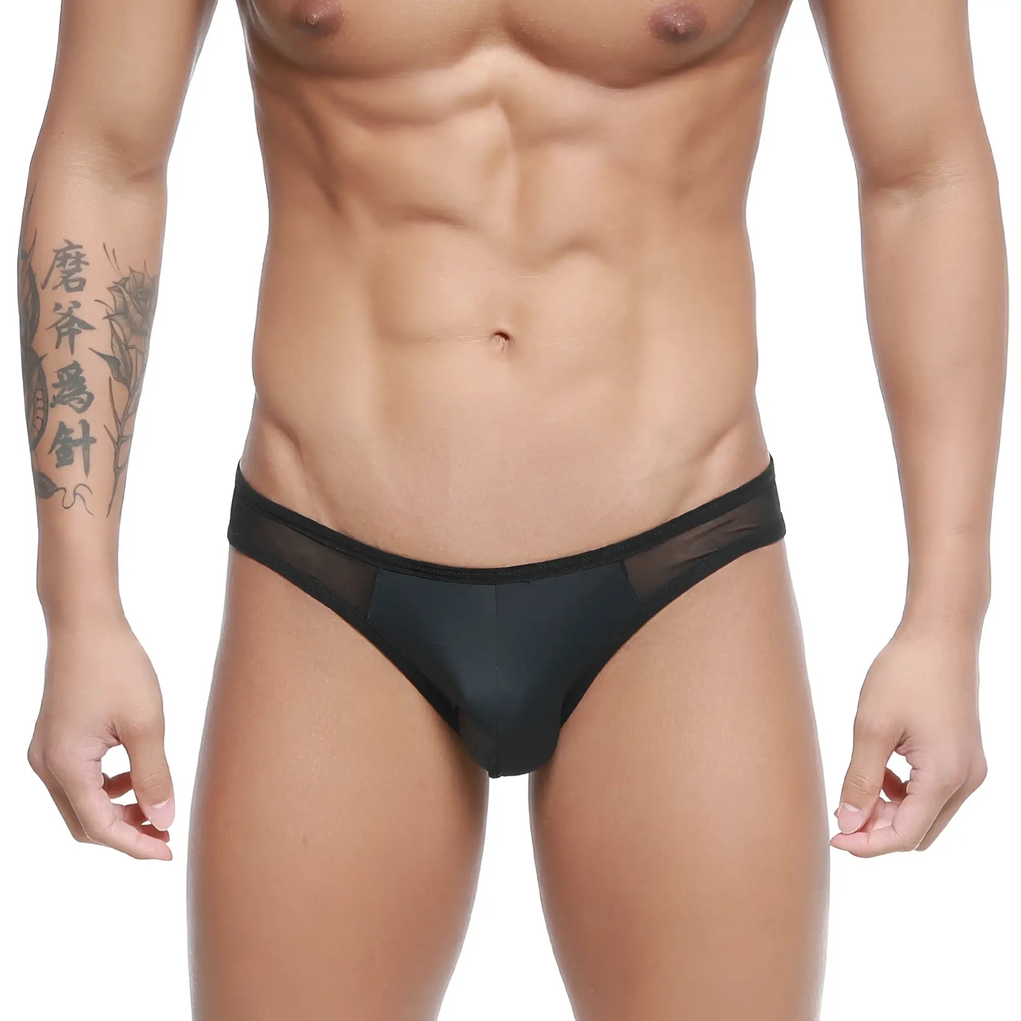Black sheer mesh briefs with a solid black waistband from metromalewear mesh bikini-thong black 2972-20 product
