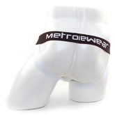 White men’s briefs with dark brown metrowear waistband featuring white logo for metro male wear mesh camo jock strap orange 3001-03