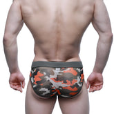 Metro male wear mesh camouflage brief green 5203-91 featuring orange gray and white camo mesh with olive green waistband