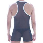 Black sheer mesh wrestling singlet with white trim on straps and waistband metro male wear mesh contrast black 2109-20