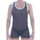 MetroMaleWear mesh contrast wrestler tank top in black sheer mesh with white trim around neckline and armholes