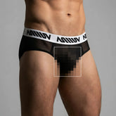 Metro malewear mesh hip brief black 5003-44 in black mesh with white elastic waistband featuring miiow logo