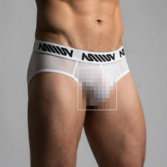White mesh briefs with black miiw logo waistband metro malewear mesh hip brief white 5003-45 front view