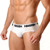 White mesh briefs with a black million logo band from metromalewear mesh hip brief white net 5003-47