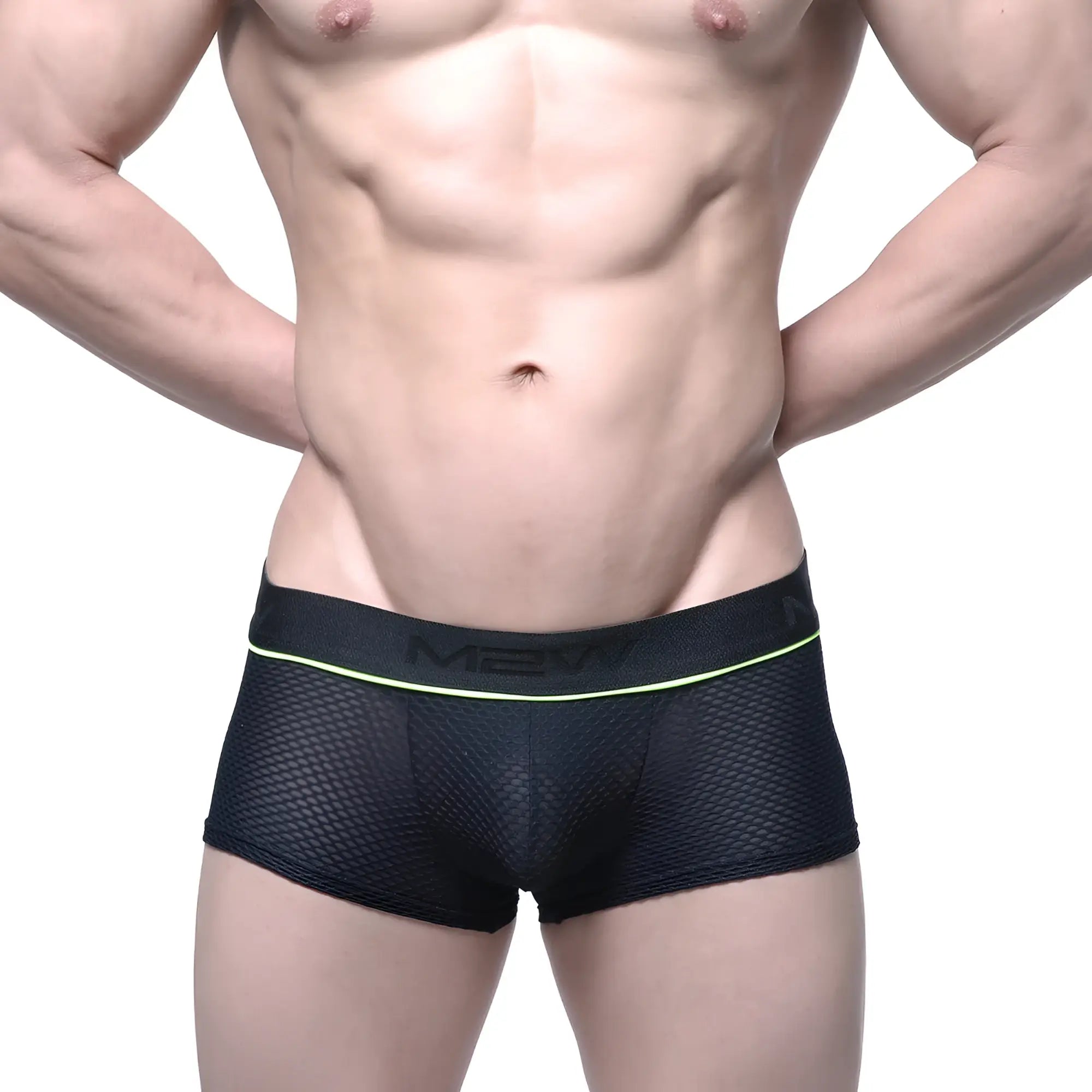 Black mesh briefs with neon green trim and new brand logo on waistband metroMalewear meta trunk black 2026-75