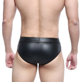 Black glossy faux leather swim trunks metal hip brief by metromalewear with sleek form fitting design