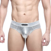 Silver metallic metroMalewear metal hip brief 5503-01 with subtle sheen and branded waistband logo