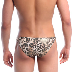 Metallic gold leopard-print swim trunks with shiny finish from MetroMaleWear model 6003-60 for beachwear