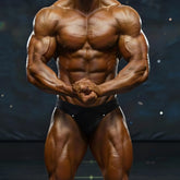A muscular male bodybuilder wearing black metroMalewear metroMusclewear adam competition briefs showcasing defined muscles