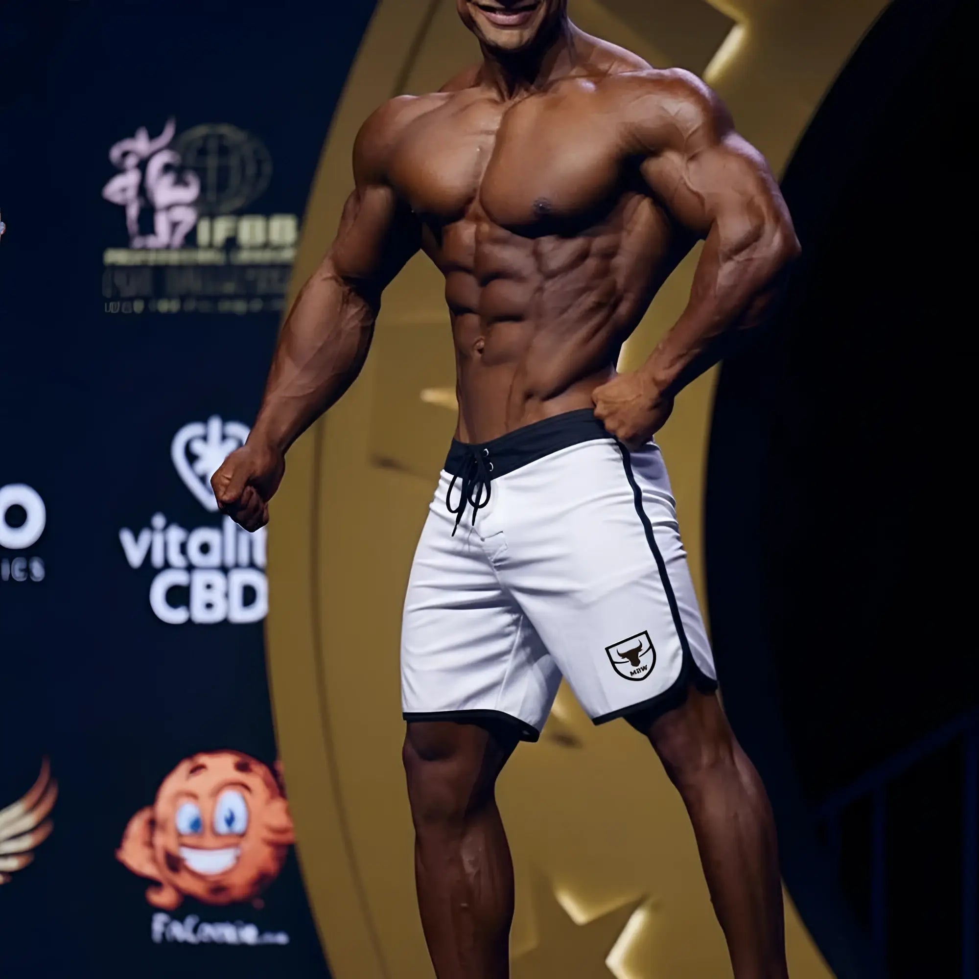 White athletic board shorts with black trim and shield logo on left leg from metromalewear avalanche physique line