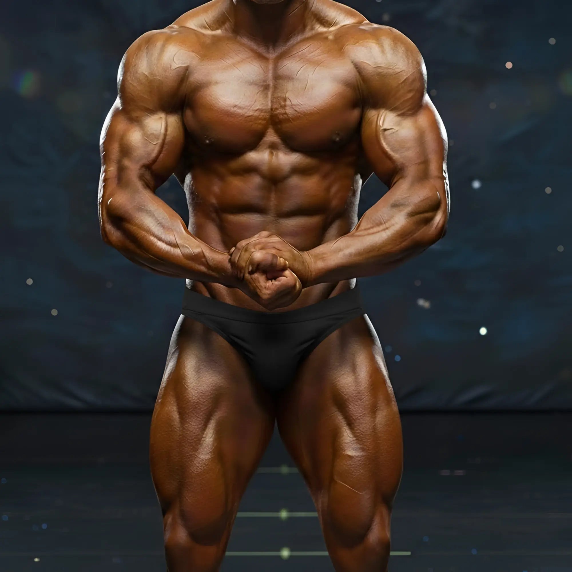 A muscular male bodybuilder wearing a black MetroMaleWear MetroMuscleWear Basic Competition Suit with a defined physique
