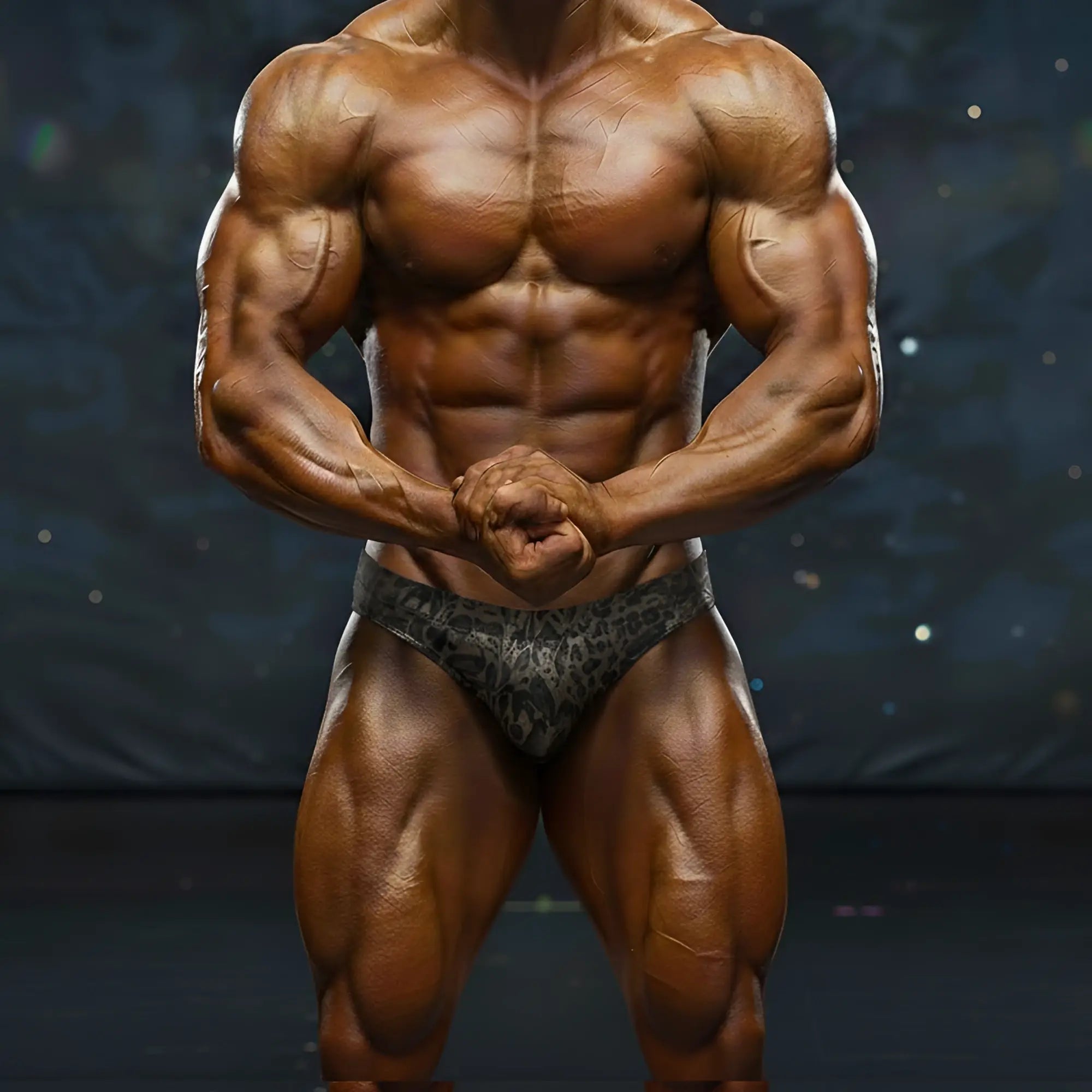 A muscular male bodybuilder wearing dark gray patterned briefs in metro male wear basic competition suit gold 4974 73