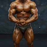 A muscular male bodybuilder wearing dark gray patterned briefs in metro male wear basic competition suit gold 4974 73