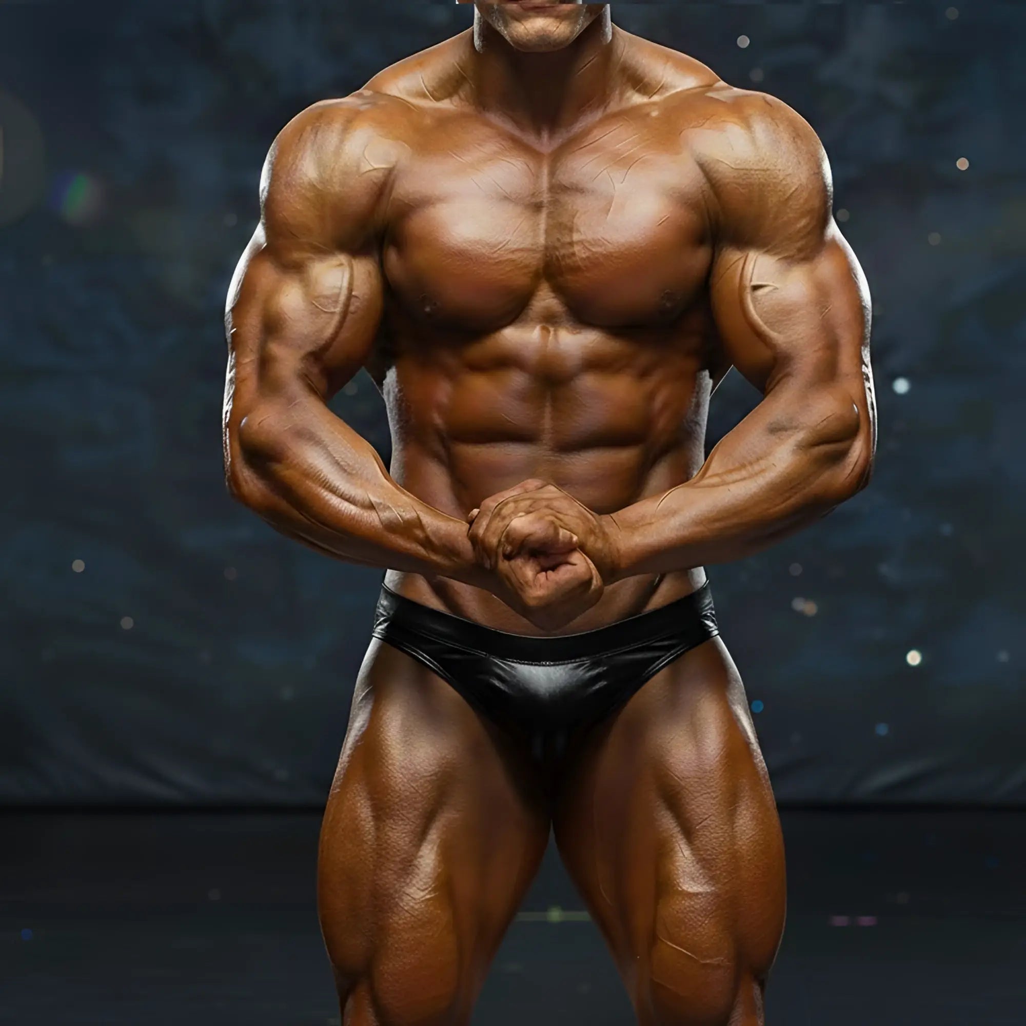A muscular male bodybuilder wearing a sleek black latex brief metro musclewear basic competition suit leather