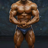 A muscular male bodybuilder wearing dark blue form-fitting MetroMaleWear MetroMuscleWear basic competition briefs