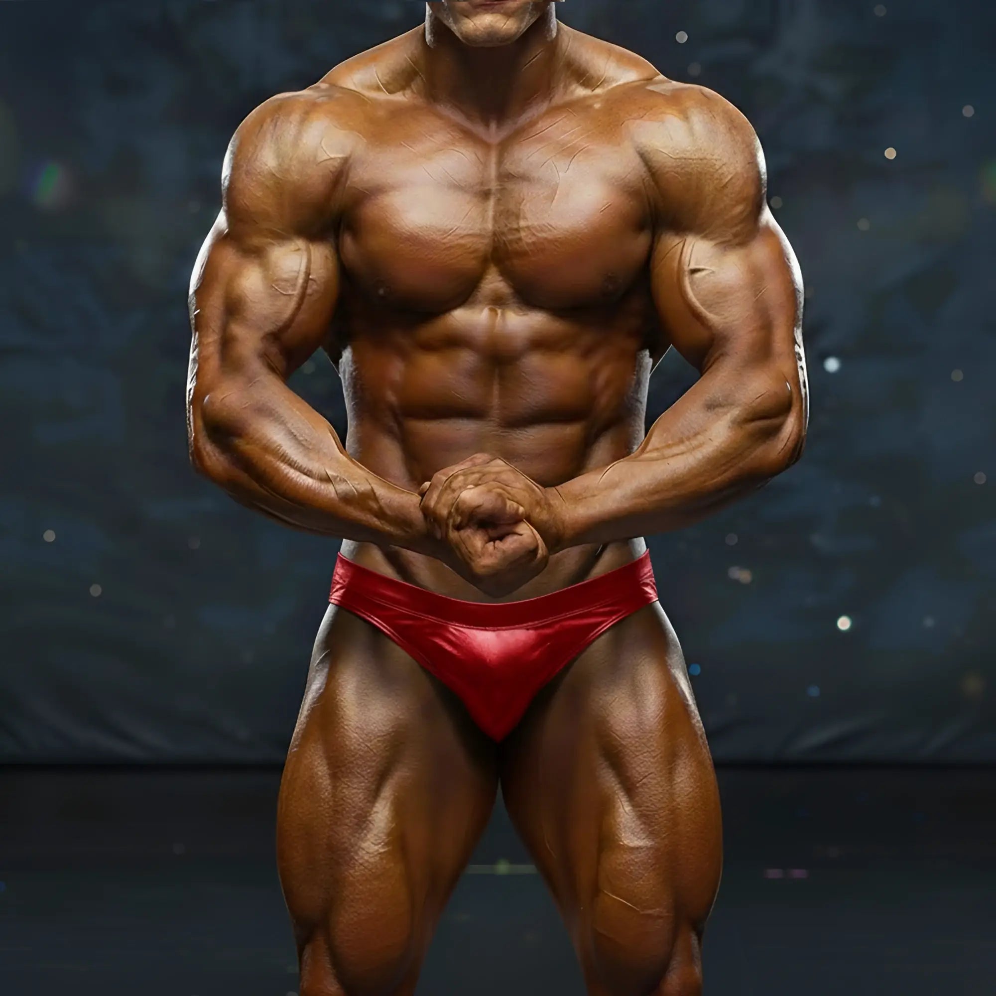 A muscular man wearing shiny red MetroMaleWear MetroMuscleWear basic competition briefs for bodybuilding
