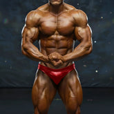 A muscular man wearing shiny red MetroMaleWear MetroMuscleWear basic competition briefs for bodybuilding