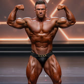 A muscular man wearing black metro muscle wear competition trunks with a gold chain belt in metro male wear suit
