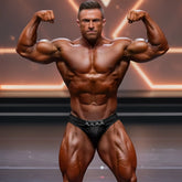 A muscular man wearing metroMalewear metromusclewear cadena silver black competition briefs with a silver chain belt