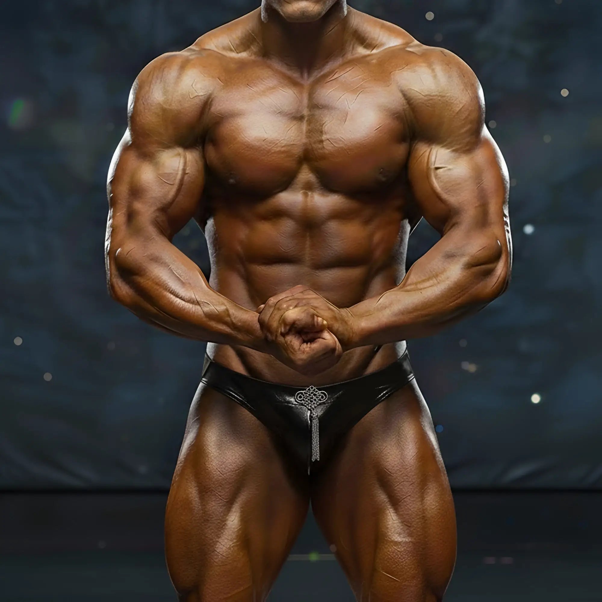 Black leather briefs with silver keyhole design front in MetroMaleWear MetroMuscleWear competition suit black 4974-20