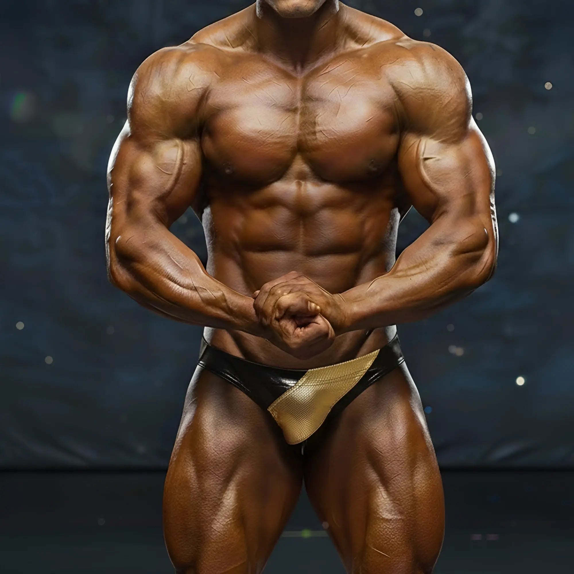 A muscular man wearing black and gold metro musclewear competition briefs designed for bodybuilding contests