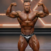 Shiny silver metallic briefs with decorative buckle and belt detail in MetroMaleWear MetroMuscleWear competition suit platinum 4974-51